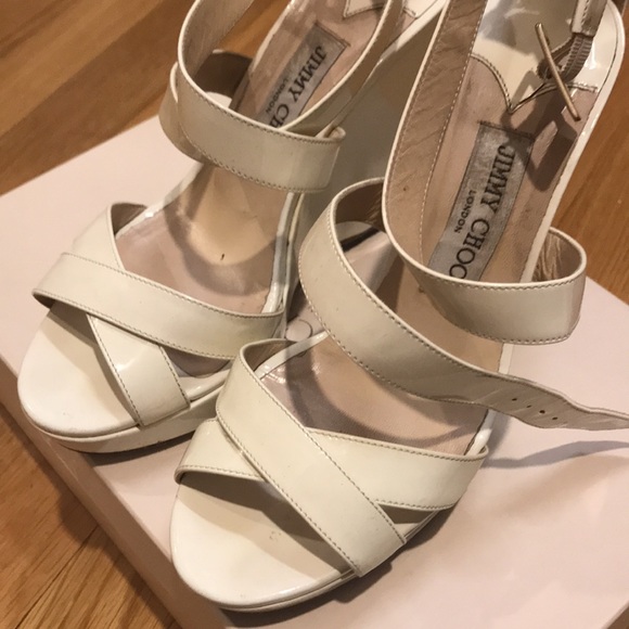 Jimmy Choo White Lucia Wedge Platform Sandals 37.5 - Picture 12 of 15